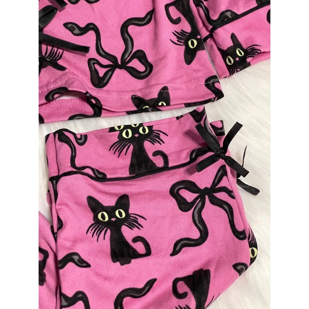 Pink Tahari Girl Toddler Pajama Set Black Cat Ribbon Bow With Bow Ties Down 2T